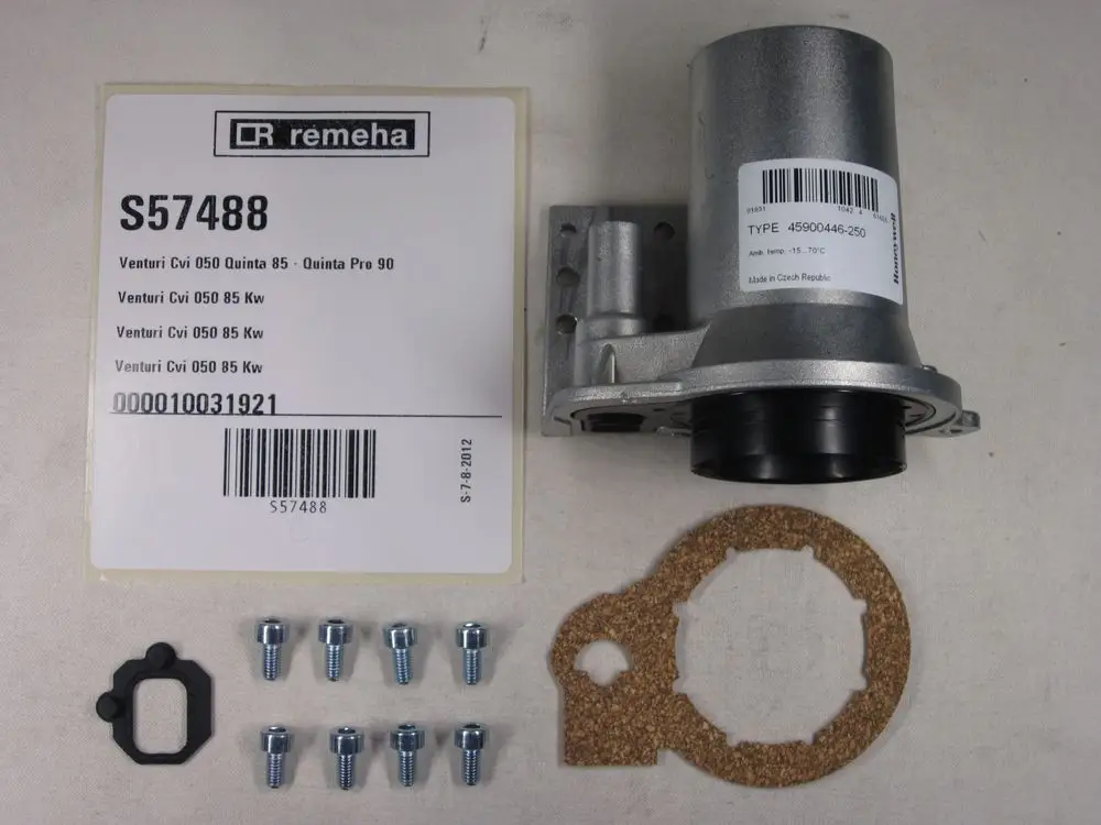 Remeha Venturi-Bauteil mit Dichtungen und Schrauben, dargestellt auf einem hellen Untergrund. Mehrere Schrauben und eine Dichtung sind ebenfalls abgebildet.